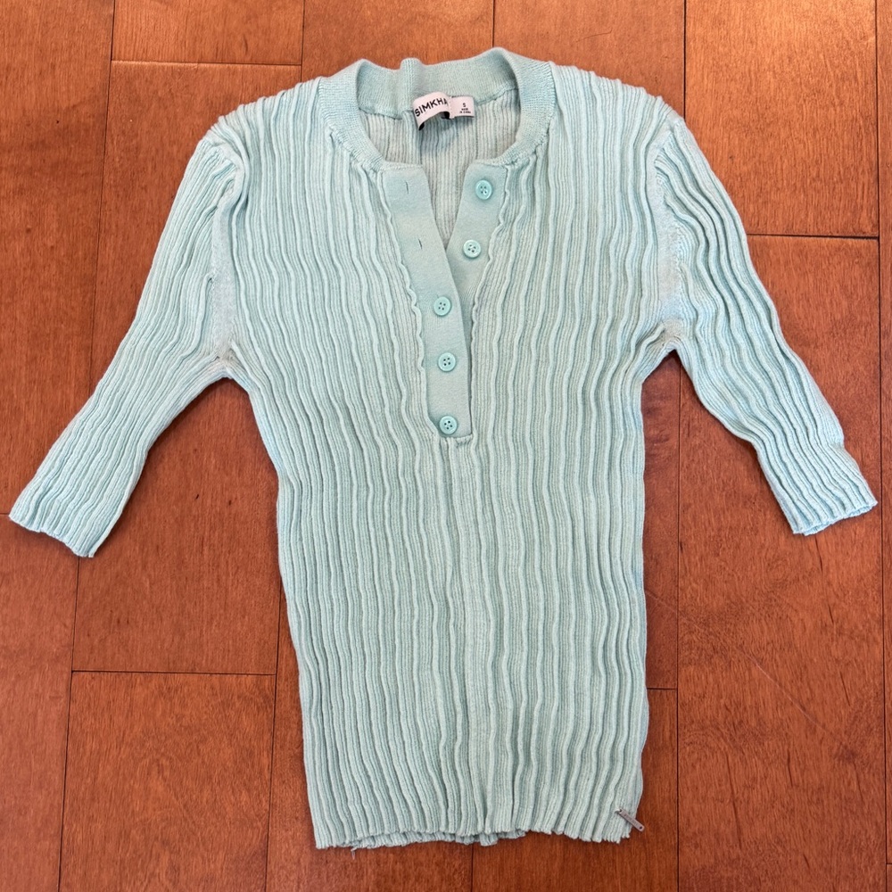 SOLD Simkhai light aqua ribbed short sleeve shirt